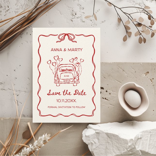 Retro Hand gezeichnet Red Unique Bow Wedding Car Save The Date (Hand-drawn Quirky Funky Vintage Retro Whimsical Red Scribble Doodle Wedding Save the Date)
