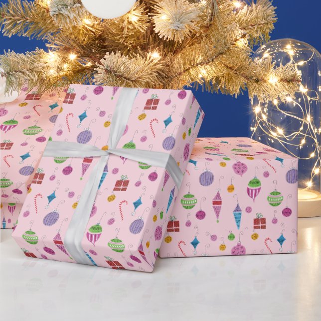 Retro handbemalt Weihnachtsschmuck Pastel Pink Geschenkpapier (Feiertage)