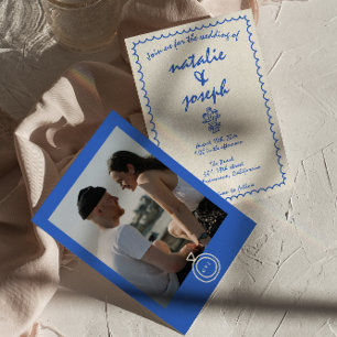 Retro Handgeschriebene Französische Foto-Hochzeit Einladung