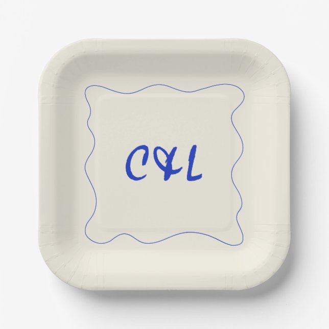 Retro Handgeschriebene Whimsical Blue Wedding Pappteller (Vorderseite)