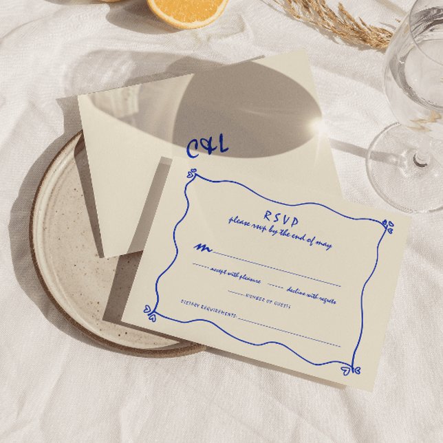 Retro Handgeschriebene Whimsical Blue Wedding RSVP Karte (Von Creator hochgeladen)