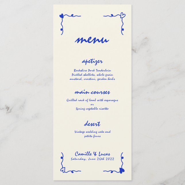 Retro Handgeschriebenes whimsical Blue Wedding Men Menükarte (Vorderseite)