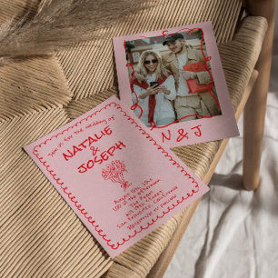 Retro-Handgezeichnete rosa rote funky Hochzeit Einladung