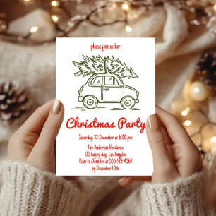 Retro-Handgezeichnetes Auto mit Weihnachtsbaum-Par Einladung