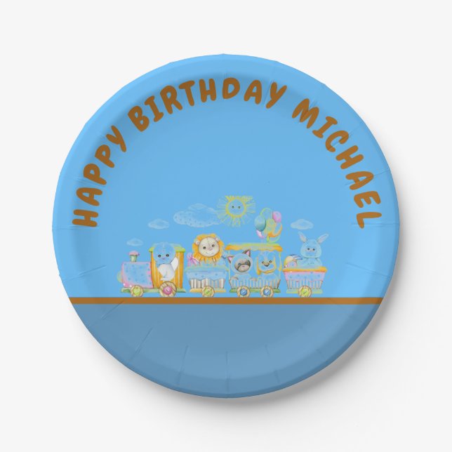 Retro Happy Birthday Animal Train Paper Plate Pappteller (Vorderseite)