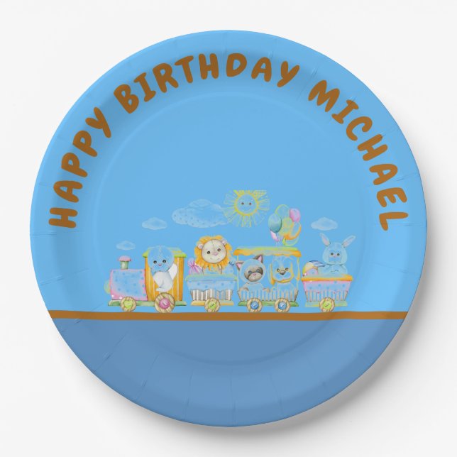 Retro Happy Birthday Animal Train Paper Plate Pappteller (Vorderseite)