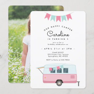 Retro Happy Camper Pink zum Geburtstag Einladung