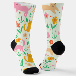 Retro Happy Cats with Orange Red and peach flowers Socken