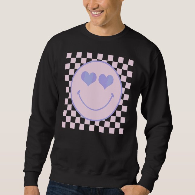 Retro Happy Face Checkered Pattern Happy Face Tre Sweatshirt (Vorderseite)