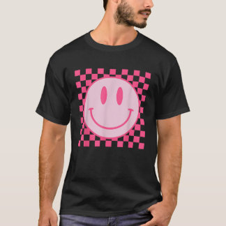 Retro Happy Face Checkered Pattern Preppy Aestheti T-Shirt