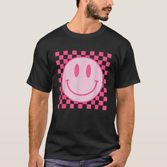 Retro Happy Face Checkered Pattern Preppy Aestheti T-Shirt (Vorderseite)