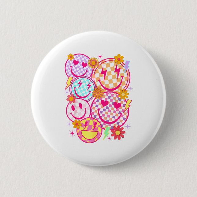 Retro Happy Face Checkered Pattern Smile Face Tren Button (Vorderseite)