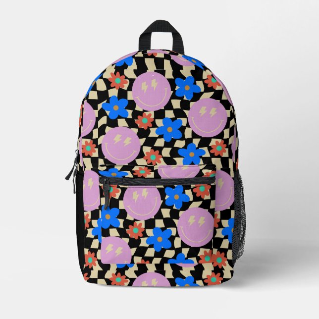 Retro Happy Face Karo Blume Bedruckter Rucksack (Vorderseite)