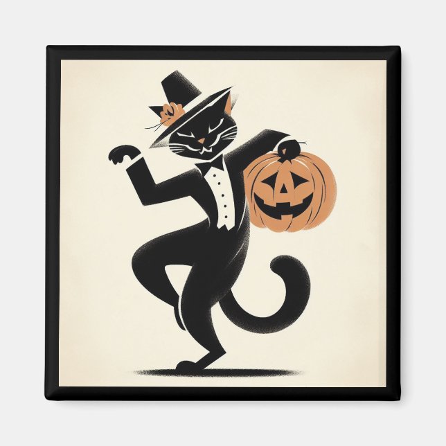 Retro Happy Halloween Dancing Black Cat Magnet (Devant)