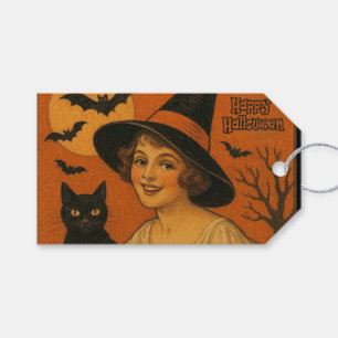 Retro Happy Halloween Hexe, Katze, Kürbis Geschenkanhänger