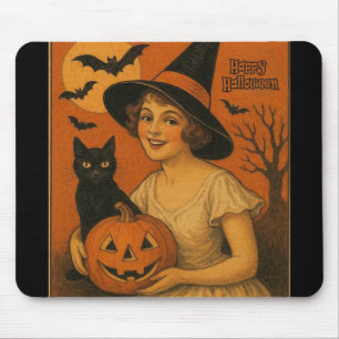 Retro Happy Halloween Hexe, Katze, Kürbis Mousepad
