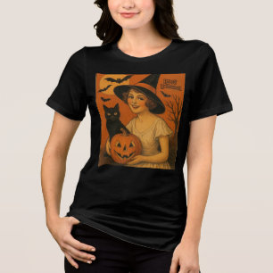 Retro Happy Halloween Hexe, Katze, Kürbis Tri-Blend Shirt