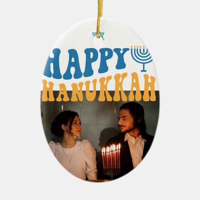 Retro Happy Hanukkah Personalisiertes Foto Keramik Ornament (Vorne)