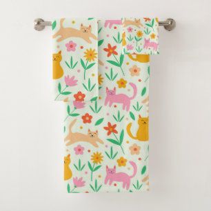 Retro Happy Katzen mit orangefarbenen und pfirsich Badhandtuch Set