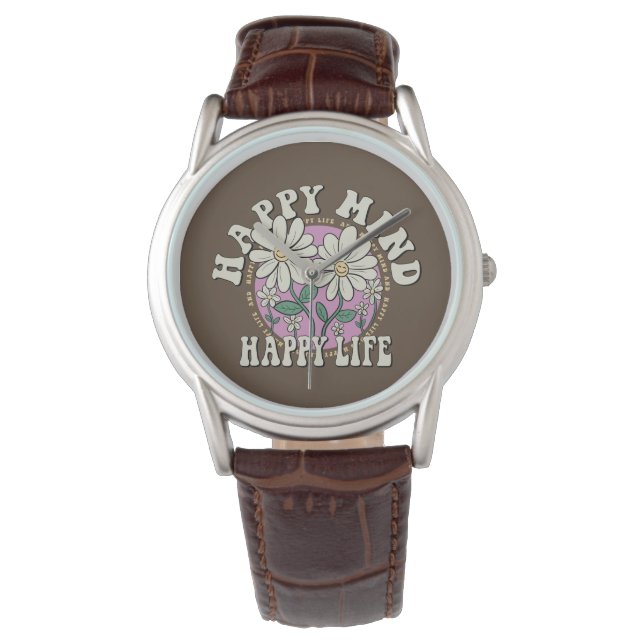 Retro Happy Mind Happy Life Armbanduhr (Vorderseite)