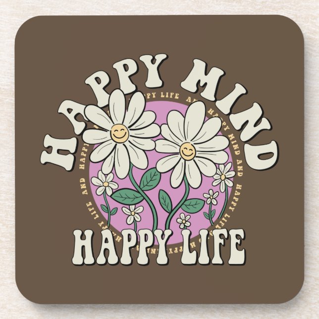 Retro Happy Mind Happy Life Getränkeuntersetzer (Vorderseite)