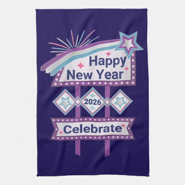 Retro Happy New Year Sign - Celebrate Marquee Geschirrtuch (Vertikal)