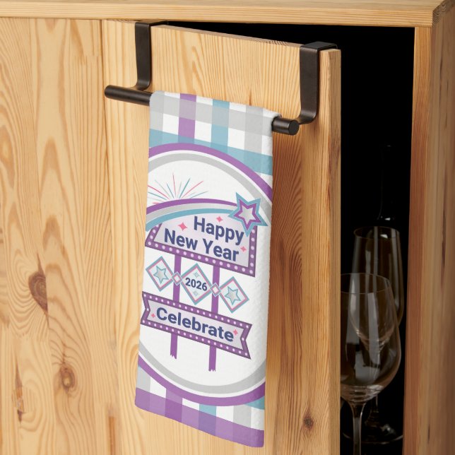 Retro Happy New Year Sign - Celebrate Marquee Geschirrtuch (Drittel gefaltet)