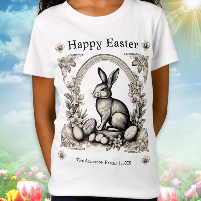Retro Happy Oaster Bunny Kids T-Shirt (A personalized t-shirt with retro Easter bunny with eggs and flowers, and 'Happy Easter' greeting)