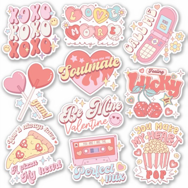 Retro Happy Valentine's Day Vinyl Sticker Pack (Vorderseite)