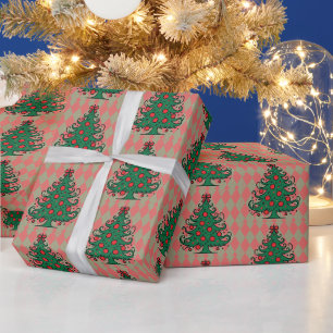 Retro-Harlekin-Weihnachtsbäume in Grün Geschenkpapier