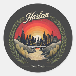 Retro-Harlem-Sonnenuntergang: New Yorker Skyline Runder Aufkleber
