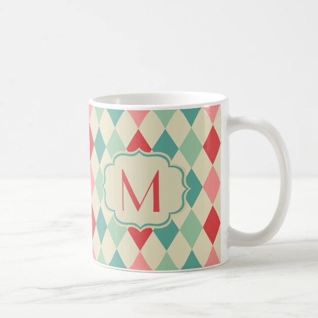 Retro Harlequin Geometric Muster Monogram Kaffeetasse (Rechts)