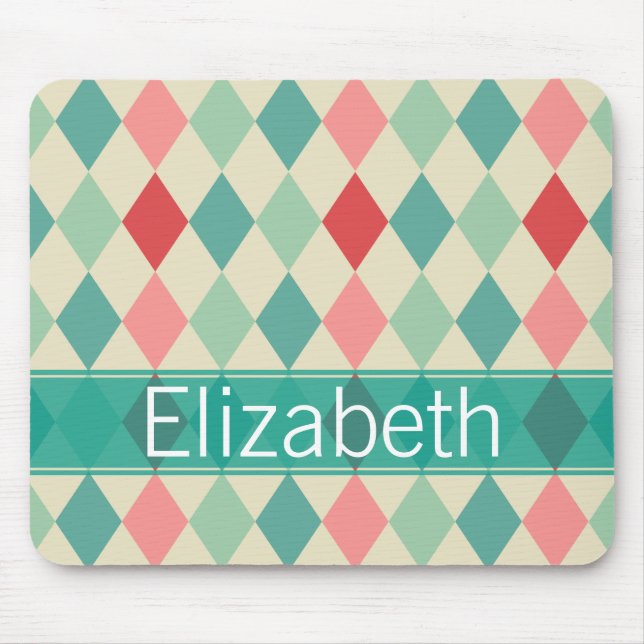 Retro Harlequin Geometric Muster Monogram Mousepad (Vorne)