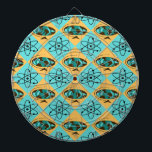 Retro Harlequin Globe Trotter Dartboard Dartscheibe<br><div class="desc">Dieser Retro Harlequin Globe Trotter Metallkäfig Dartboard zeichnet sich durch ein sich wiederholendes Muster eines abstrakten ovalen Globus aus, der mit Holzkornkontinenten und atomaren Symbolen versehen ist. Die Ozeane auf der Vintagen Erde sind in aquamarinen und türkisfarbenen Tönen gehalten. Der Globus befindet sich auf einem dreieckigen Holzständer und die ganze...</div>