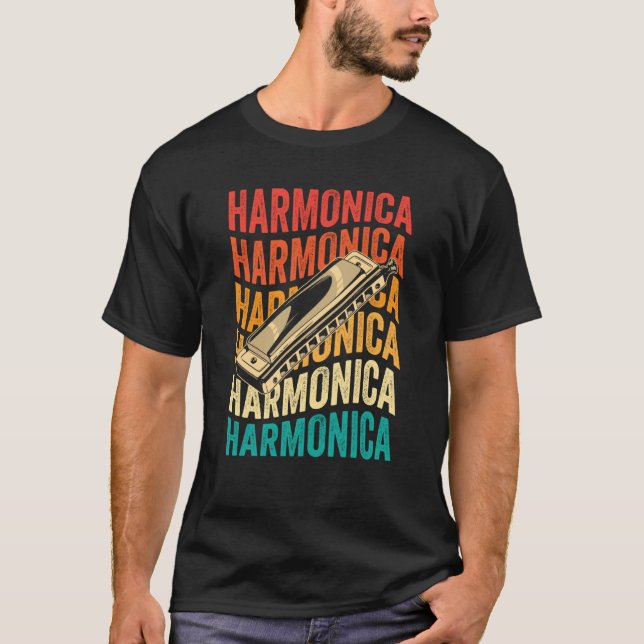 Retro Harmonica Harp Player T-Shirt (Vorderseite)