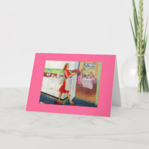 Retro Hausfrau auf Erntedank Feiertagskarte