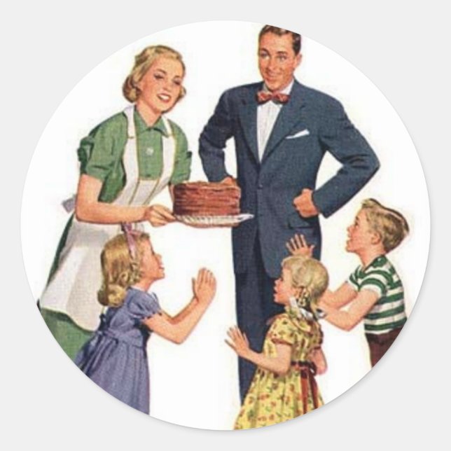 Retro Hausfrau & Familie Runder Aufkleber (Vorderseite)