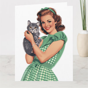 RETRO-HAUSFRAU-KATZENMUTTER-GRUSSKARTE KARTE