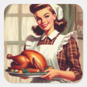 Retro-Hausfrau Thanksgiving-Erntedankfest Truthahn Quadratischer Aufkleber