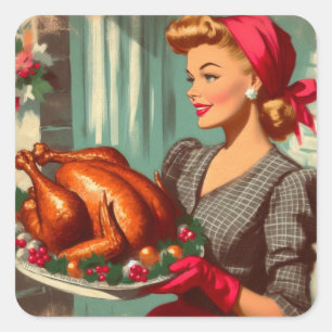 Retro-Hausfrau Thanksgiving-Erntedankfest Truthahn Quadratischer Aufkleber