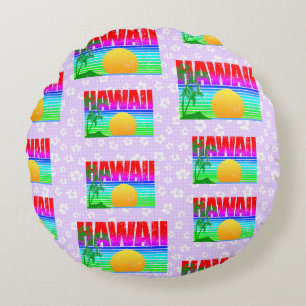 Retro Hawaii Sunset Beach Lila Hibiskus Rundes Kissen