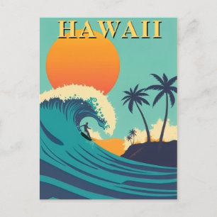 Retro Hawaii Surfen Sonnenuntergang & Wellen Reise Postkarte