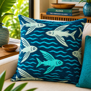Retro Hawaiian Fliegender Fisch Ozeanwellen Muster Kissen