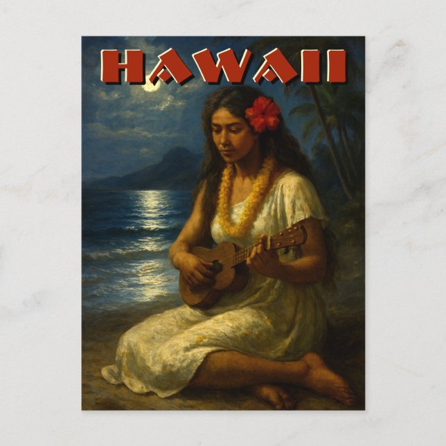 Retro Hawaiian Girl & Ukulele At Moonlit Beach Postkarte (Vorderseite)