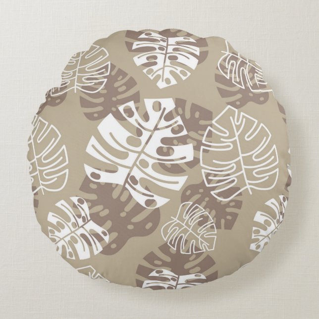 Retro Hawaiian Monstera Leaf Cool Browns Rundes Kissen (Vorderseite)
