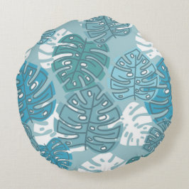 Retro Hawaiian Monstera Leaf Summer Blues Rundes Kissen