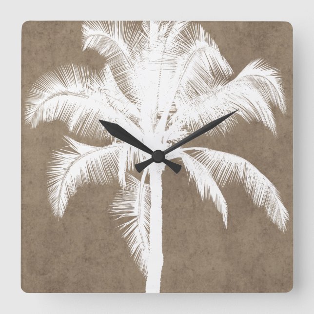 Retro Hawaiian Tropical Palm Tree Silhouette White Quadratische Wanduhr (Vorderseite)
