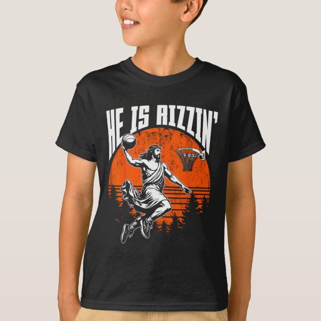 Retro He Is Rizzin' Jesus Sketll Player Lover Chri T-Shirt (Vorderseite)