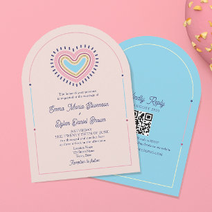 Retro Heart Arch Wedding Einladung mit QR
