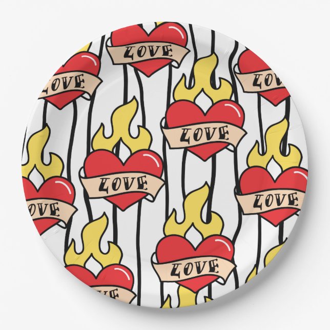 Retro Heart Tattoo Pappteller (Vorderseite)